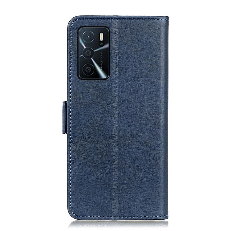 Sided Magnetic Clasp Design Drop-Proof Leather Case Wallet Stand Cover for Oppo A16/A16s/A54s - Blue