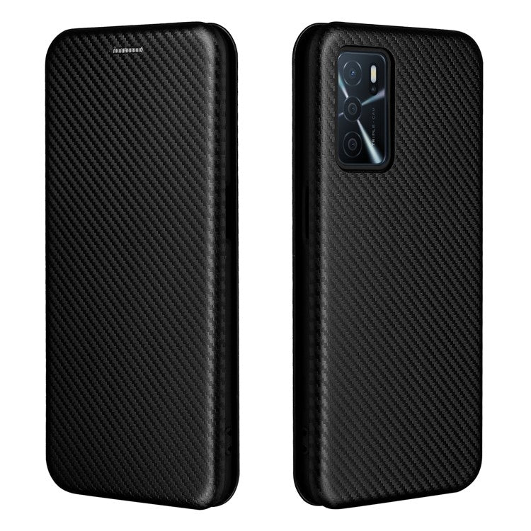 Magnetic Carbon Fiber Texture Design PU Leather Case with Card Slots and Ring Strap for Oppo A16/A16s/A54s - Black