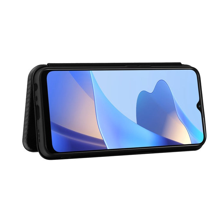 Magnetic Carbon Fiber Texture Design PU Leather Case with Card Slots and Ring Strap for Oppo A16/A16s/A54s - Black
