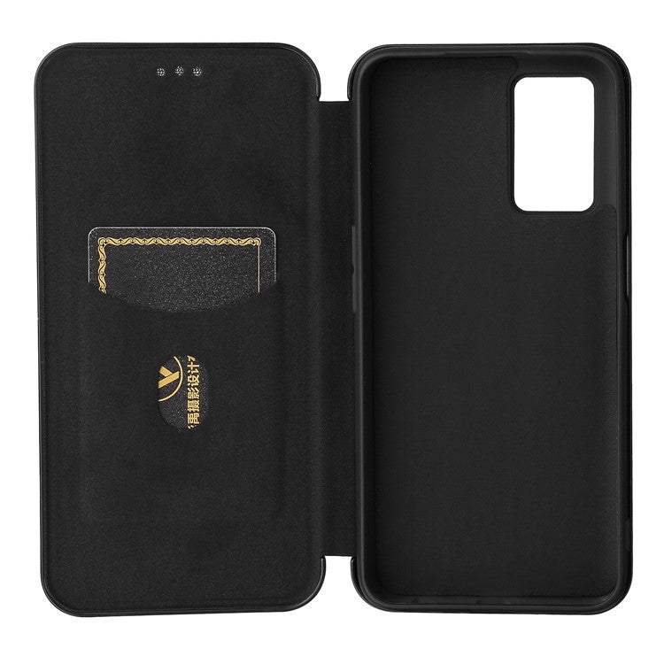 Magnetic Carbon Fiber Texture Design PU Leather Case with Card Slots and Ring Strap for Oppo A16/A16s/A54s - Black