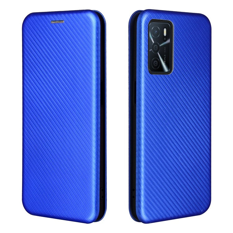 Magnetic Carbon Fiber Texture Design PU Leather Case with Card Slots and Ring Strap for Oppo A16/A16s/A54s - Blue