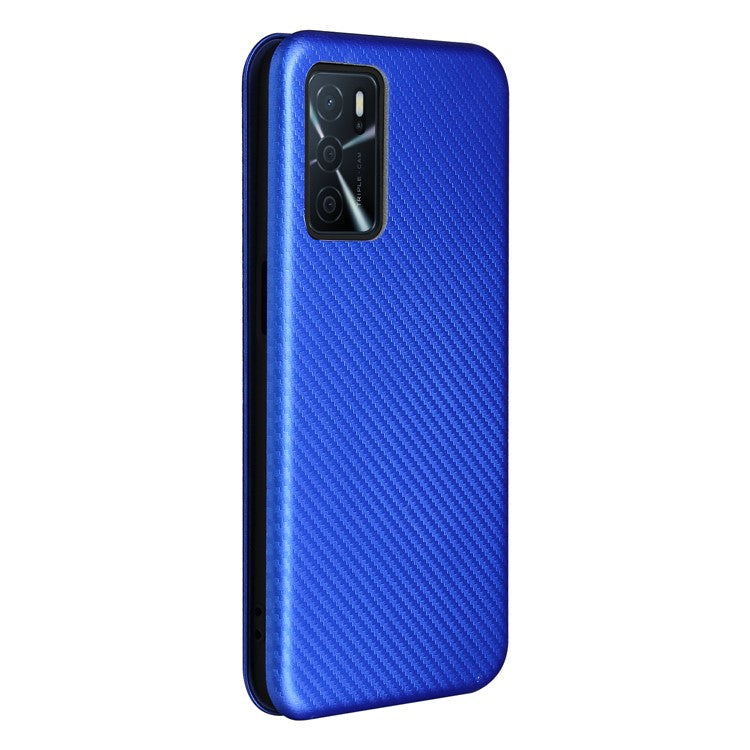 Magnetic Carbon Fiber Texture Design PU Leather Case with Card Slots and Ring Strap for Oppo A16/A16s/A54s - Blue