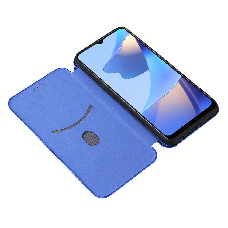Magnetic Carbon Fiber Texture Design PU Leather Case with Card Slots and Ring Strap for Oppo A16/A16s/A54s - Blue