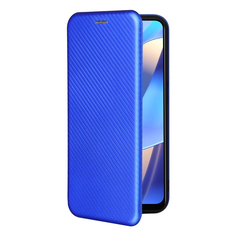 Magnetic Carbon Fiber Texture Design PU Leather Case with Card Slots and Ring Strap for Oppo A16/A16s/A54s - Blue