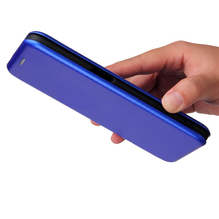 Magnetic Carbon Fiber Texture Design PU Leather Case with Card Slots and Ring Strap for Oppo A16/A16s/A54s - Blue