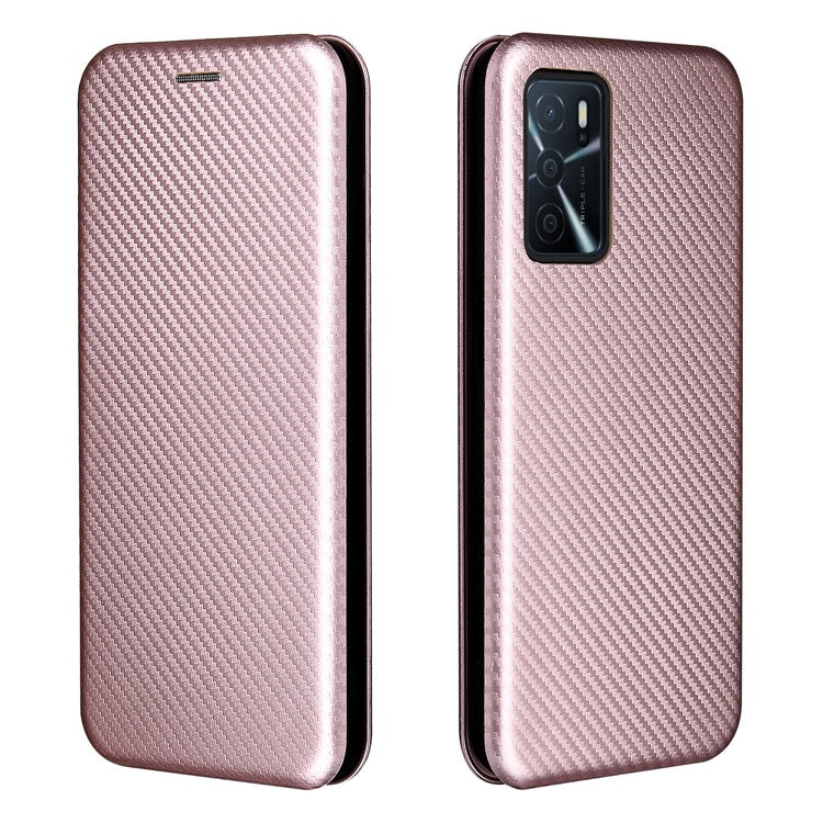 Magnetic Carbon Fiber Texture Design PU Leather Case with Card Slots and Ring Strap for Oppo A16/A16s/A54s - Rose Gold