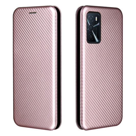 Magnetic Carbon Fiber Texture Design PU Leather Case with Card Slots and Ring Strap for Oppo A16/A16s/A54s - Rose Gold