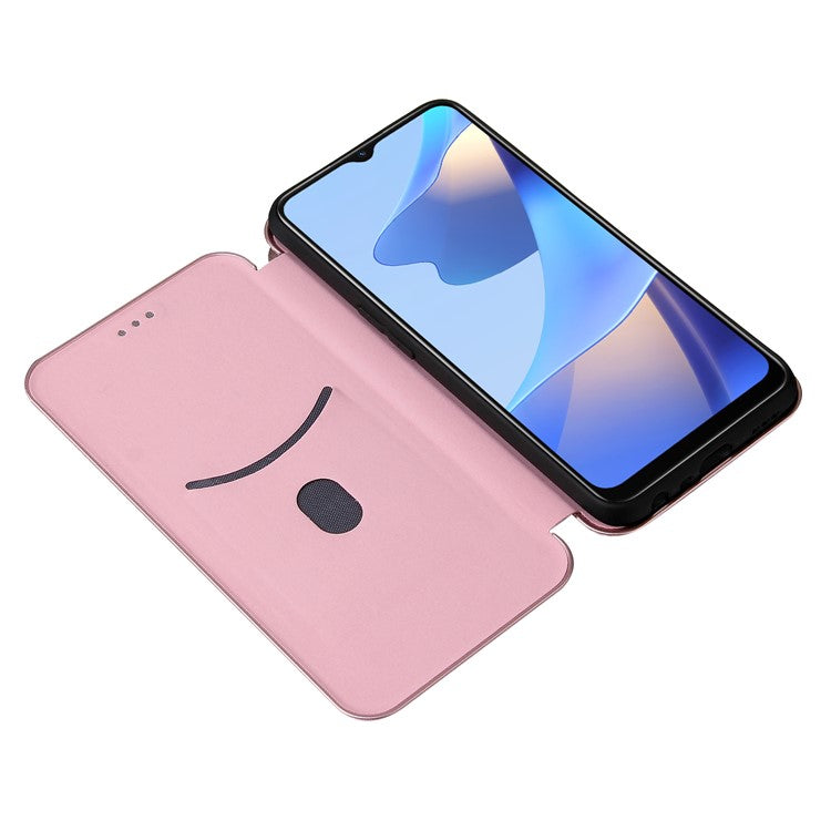 Magnetic Carbon Fiber Texture Design PU Leather Case with Card Slots and Ring Strap for Oppo A16/A16s/A54s - Rose Gold