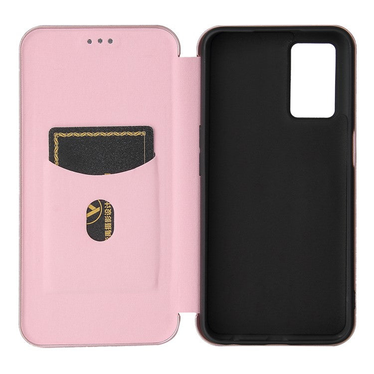 Magnetic Carbon Fiber Texture Design PU Leather Case with Card Slots and Ring Strap for Oppo A16/A16s/A54s - Rose Gold
