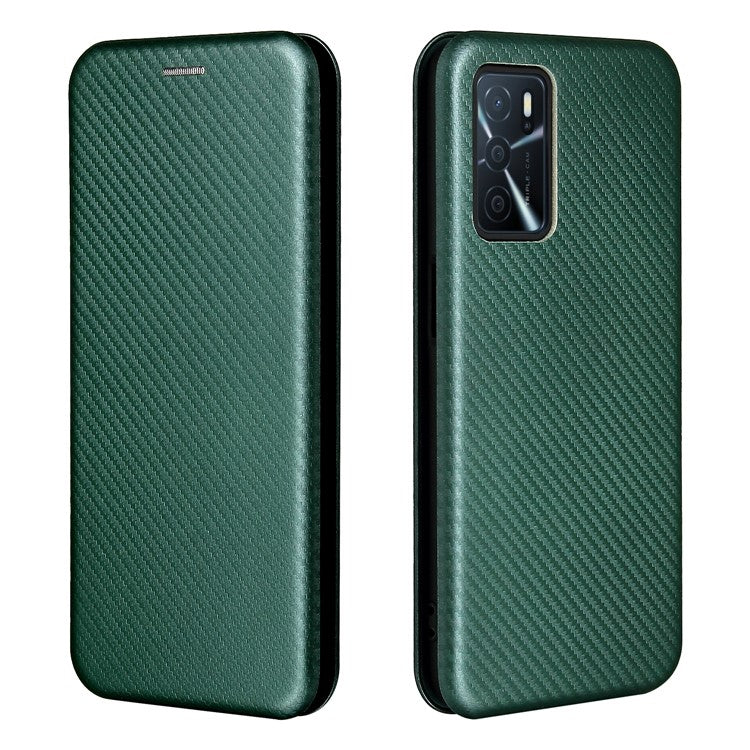 Magnetic Carbon Fiber Texture Design PU Leather Case with Card Slots and Ring Strap for Oppo A16/A16s/A54s - Green