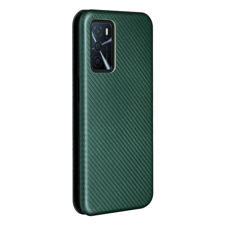 Magnetic Carbon Fiber Texture Design PU Leather Case with Card Slots and Ring Strap for Oppo A16/A16s/A54s - Green