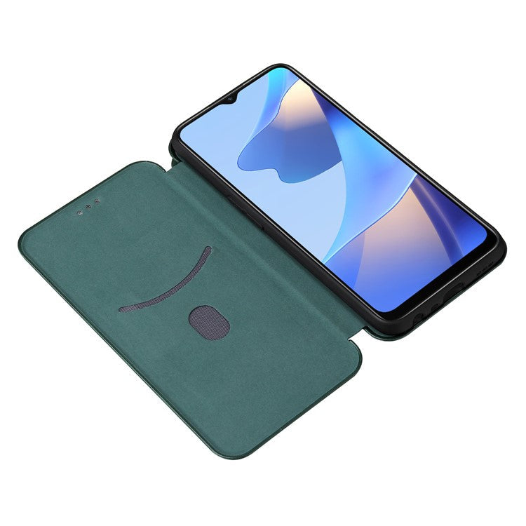 Magnetic Carbon Fiber Texture Design PU Leather Case with Card Slots and Ring Strap for Oppo A16/A16s/A54s - Green