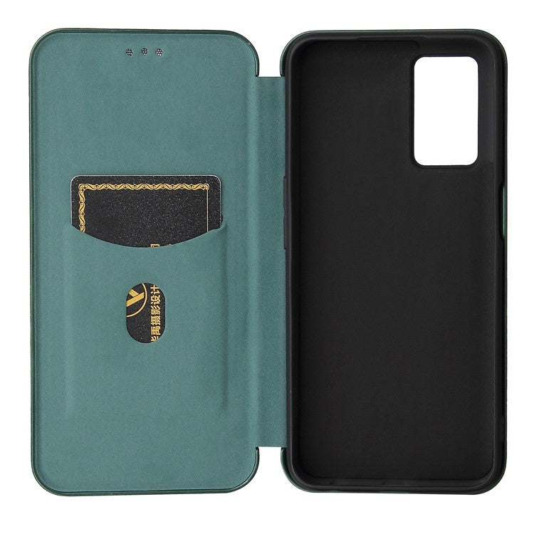 Magnetic Carbon Fiber Texture Design PU Leather Case with Card Slots and Ring Strap for Oppo A16/A16s/A54s - Green