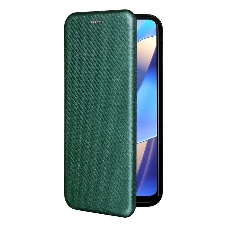 Magnetic Carbon Fiber Texture Design PU Leather Case with Card Slots and Ring Strap for Oppo A16/A16s/A54s - Green