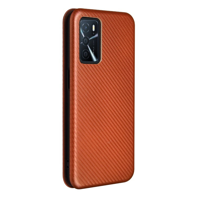 Magnetic Carbon Fiber Texture Design PU Leather Case with Card Slots and Ring Strap for Oppo A16/A16s/A54s - Orange
