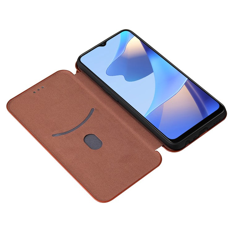 Magnetic Carbon Fiber Texture Design PU Leather Case with Card Slots and Ring Strap for Oppo A16/A16s/A54s - Orange