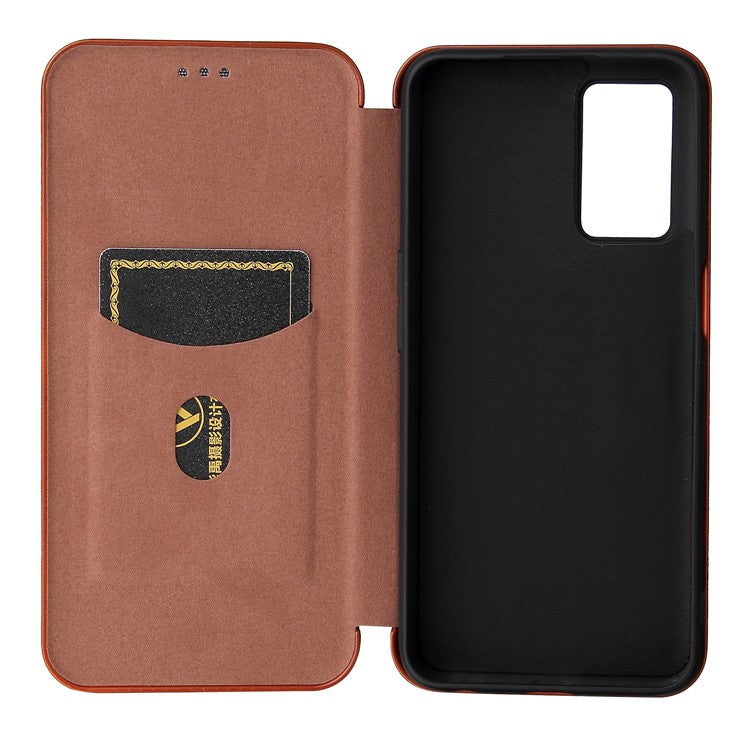 Magnetic Carbon Fiber Texture Design PU Leather Case with Card Slots and Ring Strap for Oppo A16/A16s/A54s - Orange