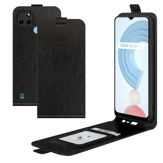 Crazy Horse Skin One Card Holder Design Vertical Flip Leather Case Phone Cover for Realme C21Y - Black