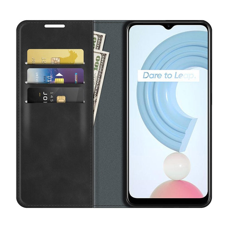 Auto-absorbed Skin-touch Feel Wallet Design Leather Cover Stand Case for Realme C21Y - Black
