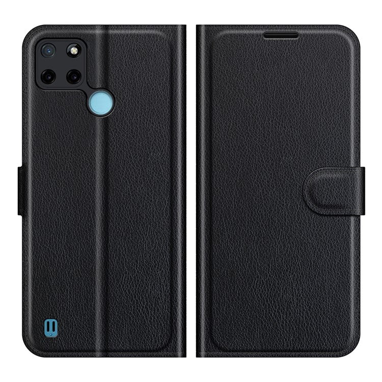 Litchi Skin Folio Flip Cover Leather Wallet Cell Phone Case with Stand for Realme C21Y - Black