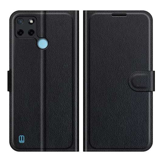 Litchi Skin Folio Flip Cover Leather Wallet Cell Phone Case with Stand for Realme C21Y - Black
