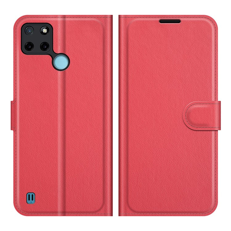 Litchi Skin Folio Flip Cover Leather Wallet Cell Phone Case with Stand for Realme C21Y - Red