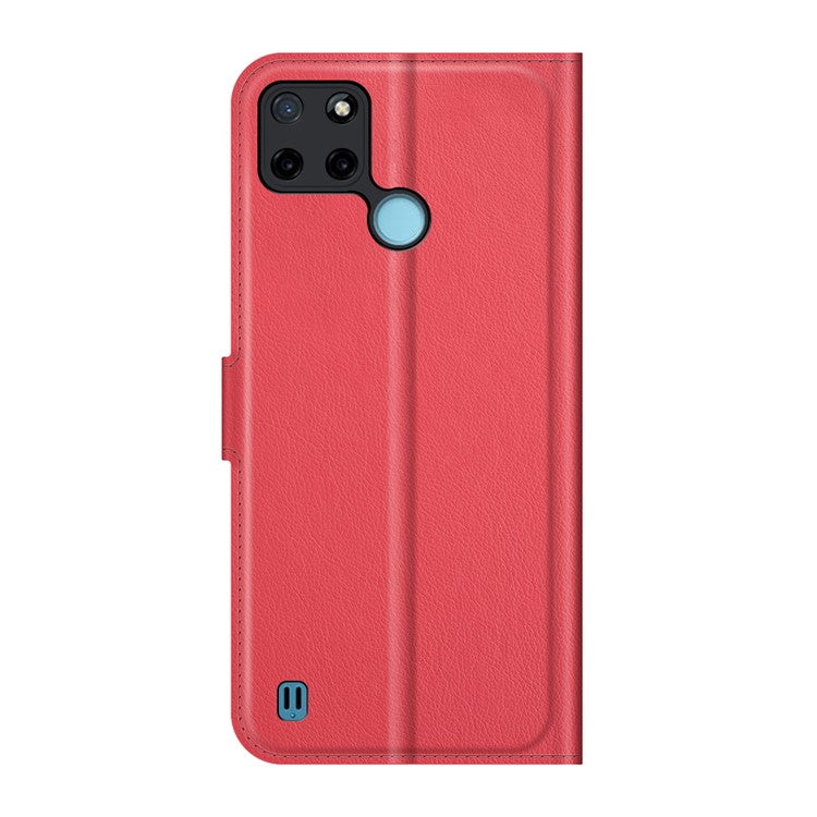 Litchi Skin Folio Flip Cover Leather Wallet Cell Phone Case with Stand for Realme C21Y - Red