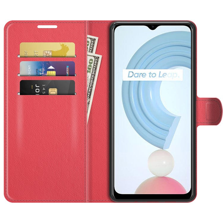 Litchi Skin Folio Flip Cover Leather Wallet Cell Phone Case with Stand for Realme C21Y - Red