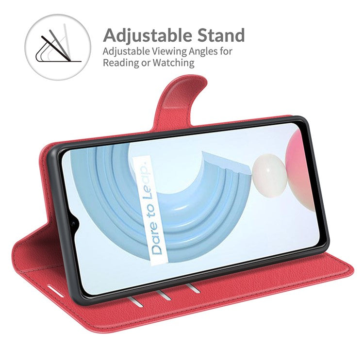 Litchi Skin Folio Flip Cover Leather Wallet Cell Phone Case with Stand for Realme C21Y - Red