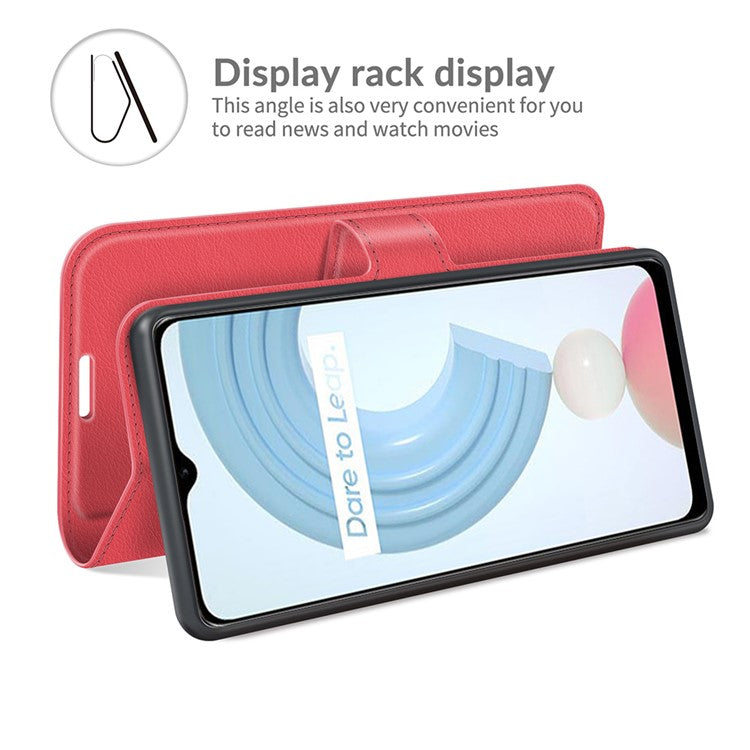 Litchi Skin Folio Flip Cover Leather Wallet Cell Phone Case with Stand for Realme C21Y - Red