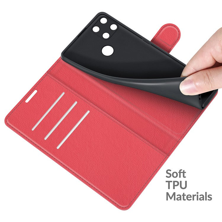 Litchi Skin Folio Flip Cover Leather Wallet Cell Phone Case with Stand for Realme C21Y - Red