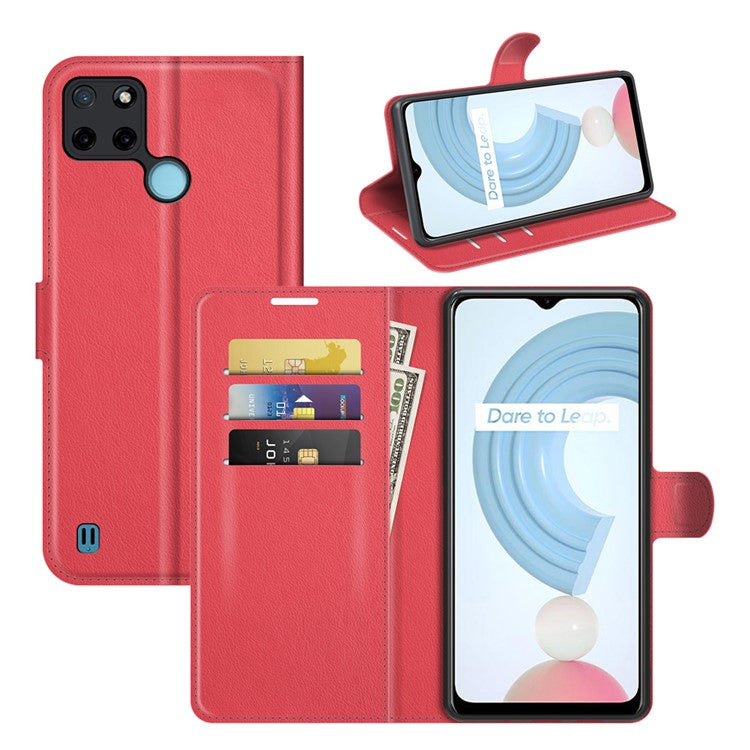 Litchi Skin Folio Flip Cover Leather Wallet Cell Phone Case with Stand for Realme C21Y - Red