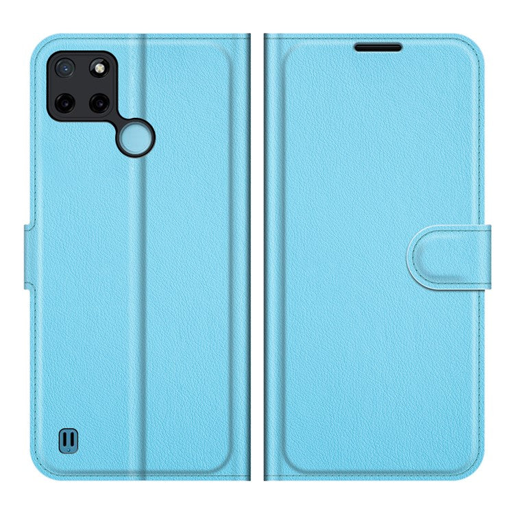 Litchi Skin Folio Flip Cover Leather Wallet Cell Phone Case with Stand for Realme C21Y - Blue
