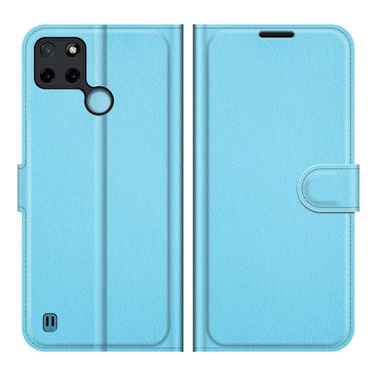 Litchi Skin Folio Flip Cover Leather Wallet Cell Phone Case with Stand for Realme C21Y - Blue