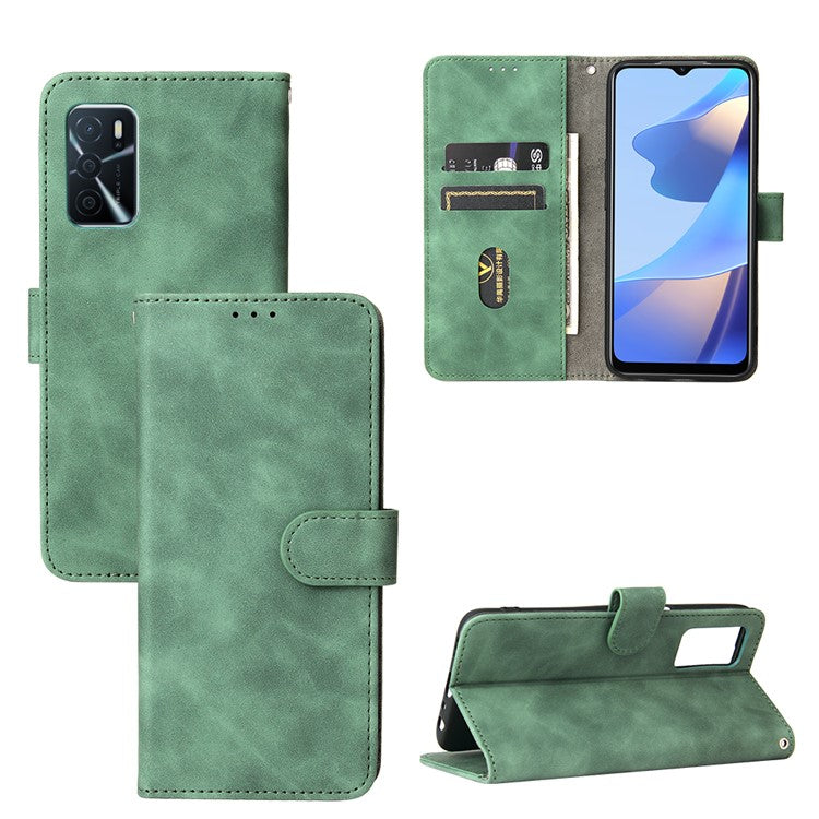 Skin-Touch PU Leather Flip Folio Stand Magnetic Suction Strong Closure Wallet Phone Case for Oppo A16 / A53s 5G / A55 5G - Green