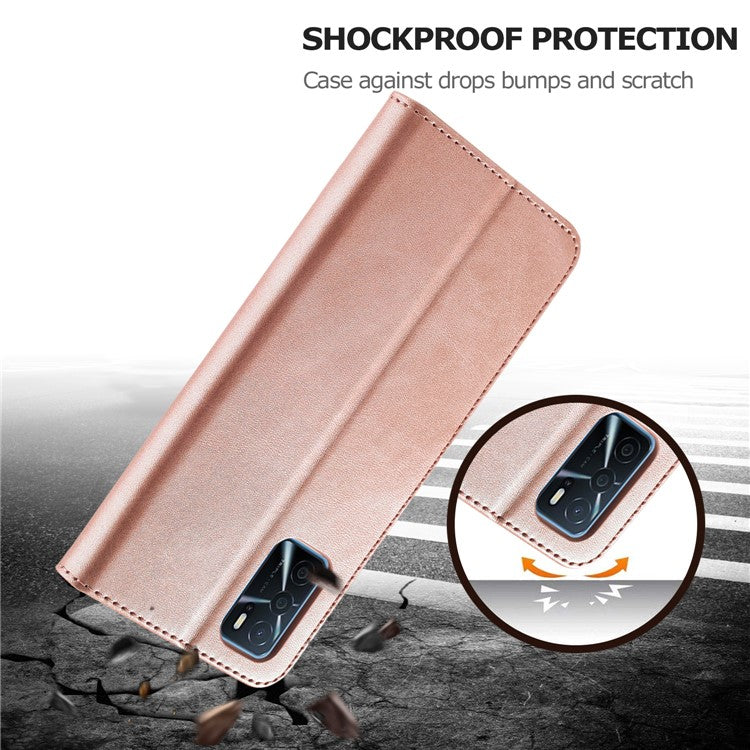 LC.IMEEKE Wallet Design Leather Phone Stand Case Protector for Oppo A16/A16s/A54s - Rose Gold