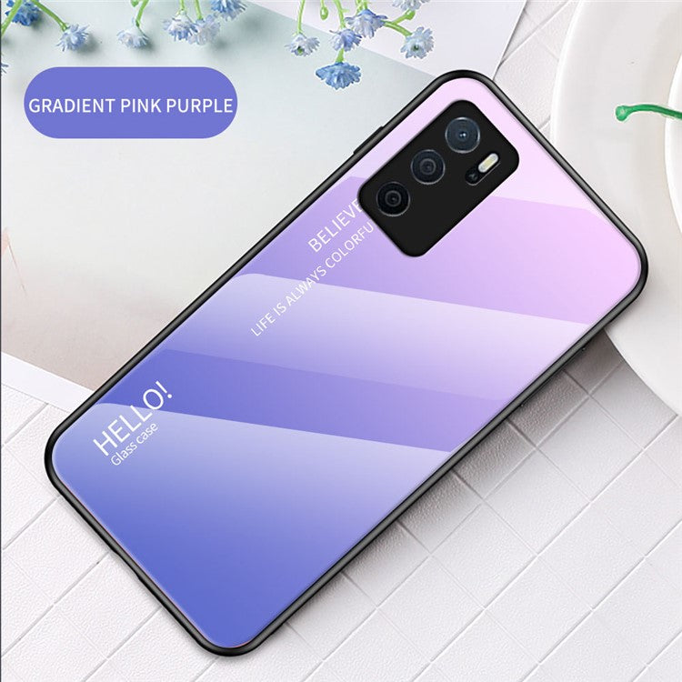 Scratch-Resistant Tempered Glass Gradient Color + TPU Frame Hybrid Slim Case for Oppo A16/A16s/A54s - Gradient Pink Purple