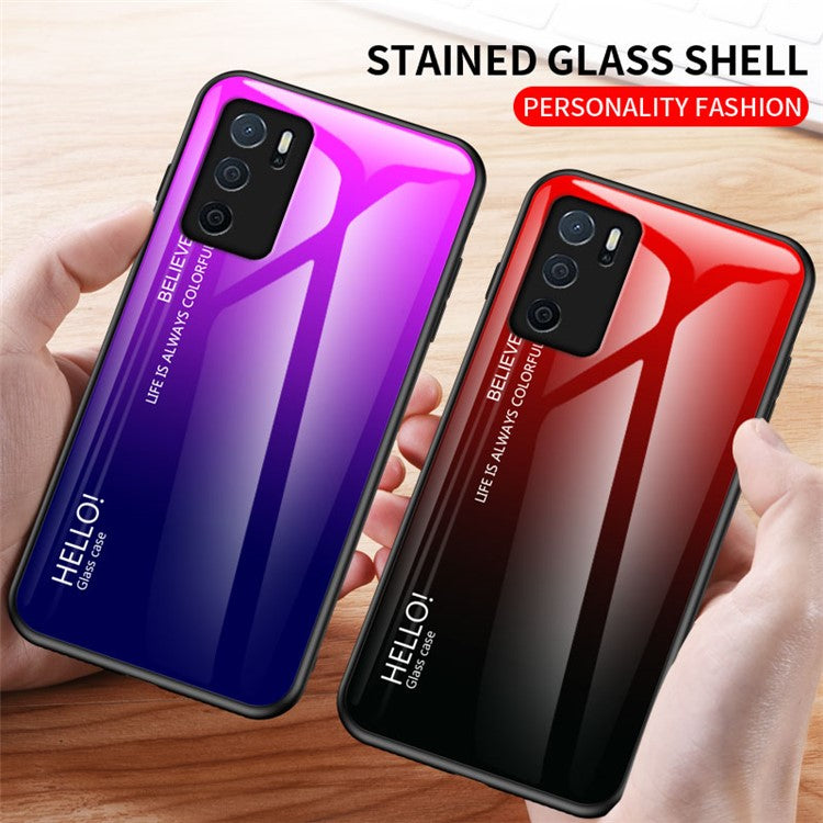 Scratch-Resistant Tempered Glass Gradient Color + TPU Frame Hybrid Slim Case for Oppo A16/A16s/A54s - Gradient Pink Purple