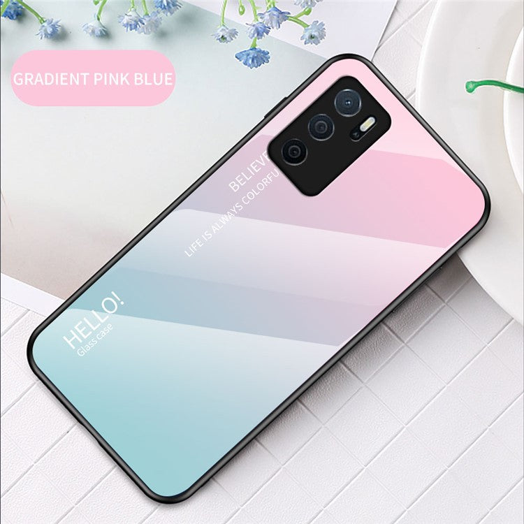 Scratch-Resistant Tempered Glass Gradient Color + TPU Frame Hybrid Slim Case for Oppo A16/A16s/A54s - Gradient Pink Blue