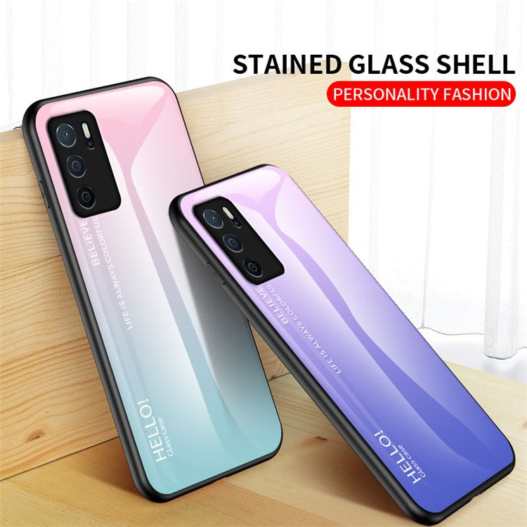 Scratch-Resistant Tempered Glass Gradient Color + TPU Frame Hybrid Slim Case for Oppo A16/A16s/A54s - Gradient Pink Blue