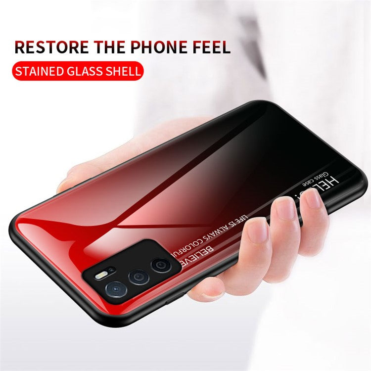 Scratch-Resistant Tempered Glass Gradient Color + TPU Frame Hybrid Slim Case for Oppo A16/A16s/A54s - Gradient Pink Blue