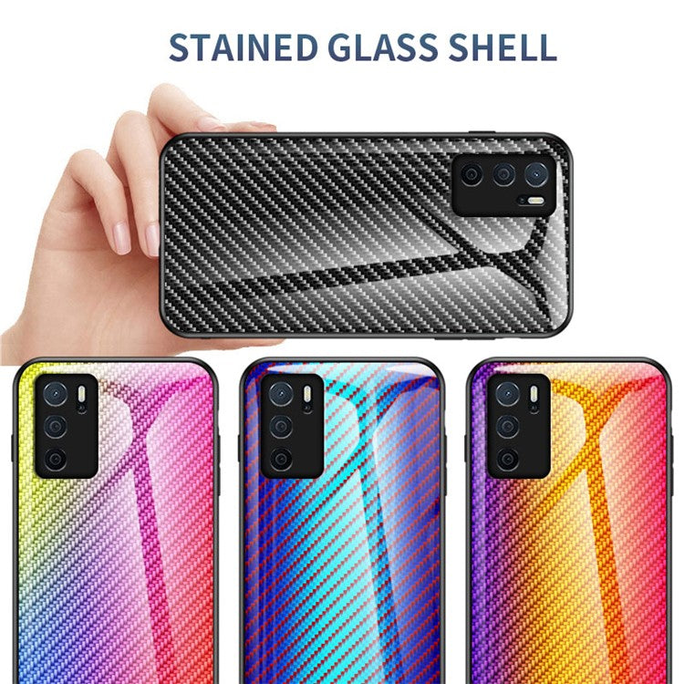 Slim Lightweight Scratch-Resistant Carbon Fiber Texture Luxury Hard Tempered Glass Back Cover Case for Oppo A16/A16s/A54s - Black Fiber