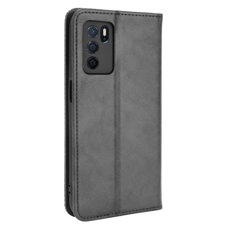 PU Leather Full Protective Retro Style Wallet Stand Flip Protective Phone Cover for Oppo A16/A16s/A54s - Black
