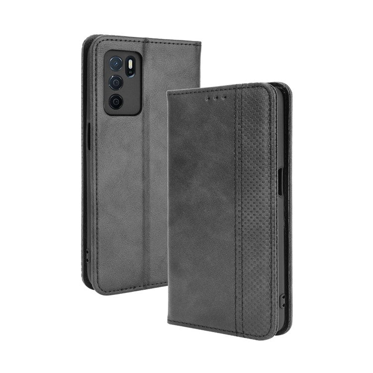 PU Leather Full Protective Retro Style Wallet Stand Flip Protective Phone Cover for Oppo A16/A16s/A54s - Black