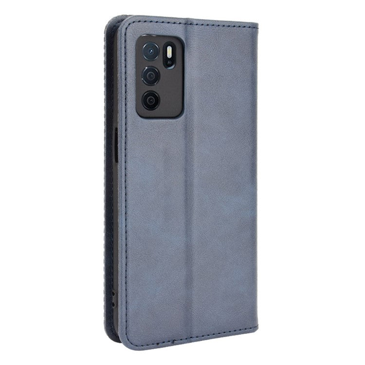 PU Leather Full Protective Retro Style Wallet Stand Flip Protective Phone Cover for Oppo A16/A16s/A54s - Blue
