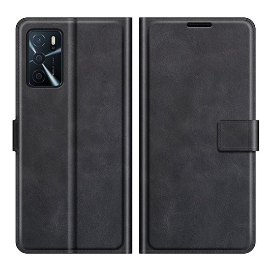 Shockproof Stand PU Leather Wallet Flip Protective Cover with Magnetic Closure for Oppo A16/A16s/A54s - Black