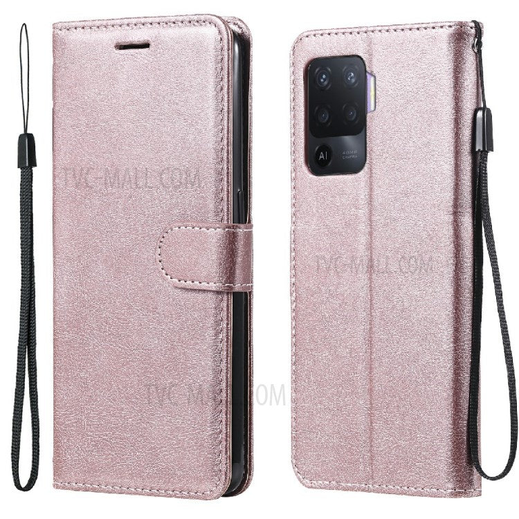 KT Leather Series-2 Wallet Design Anti-Scratch Leather Stand Phone Casing with Handy Strap for Oppo A94 5G/F19 Pro+ 5G/A95 5G/Reno5 Z 5G - Rose Gold