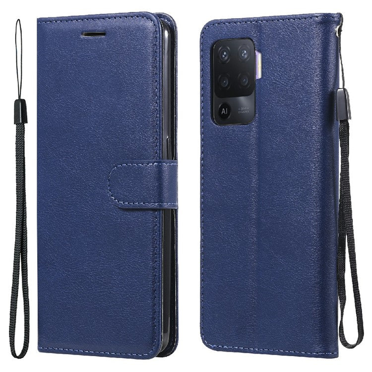 KT Leather Series-2 Wallet Design Anti-Scratch Leather Stand Phone Casing with Handy Strap for Oppo A94 5G/F19 Pro+ 5G/A95 5G/Reno5 Z 5G - Blue