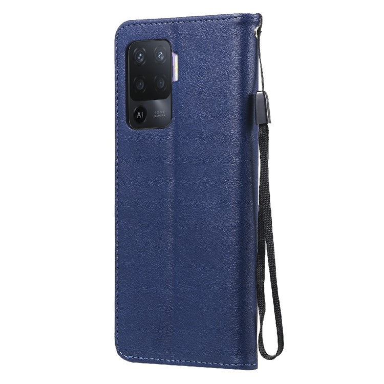 KT Leather Series-2 Wallet Design Anti-Scratch Leather Stand Phone Casing with Handy Strap for Oppo A94 5G/F19 Pro+ 5G/A95 5G/Reno5 Z 5G - Blue