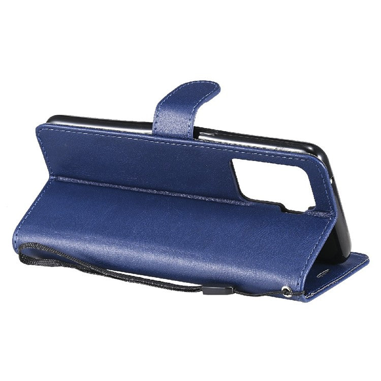 KT Leather Series-2 Wallet Design Anti-Scratch Leather Stand Phone Casing with Handy Strap for Oppo A94 5G/F19 Pro+ 5G/A95 5G/Reno5 Z 5G - Blue